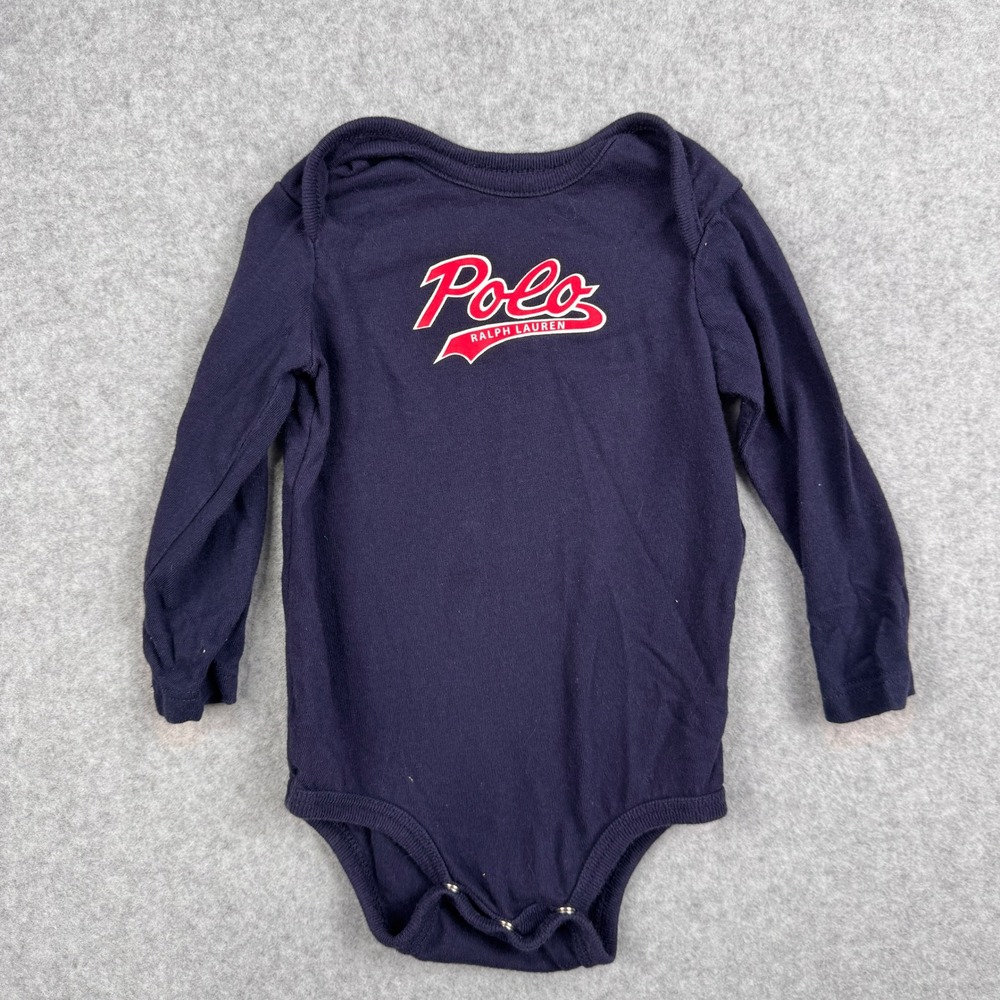 Polo Ralph Lauren Bodysuit Baby Boys 6M Navy Blue Long Sleeve Graphic Spell Out